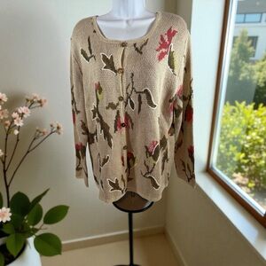NorthStyle Women Beige Knit Button Floral Long Sleeve Cardigan Sweater Sz L